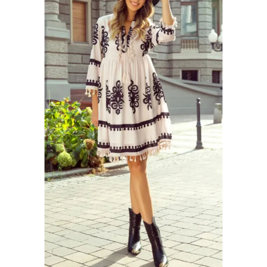Tassel Hem 3/4 Sleeve Mini Dress Apparel and Accessories