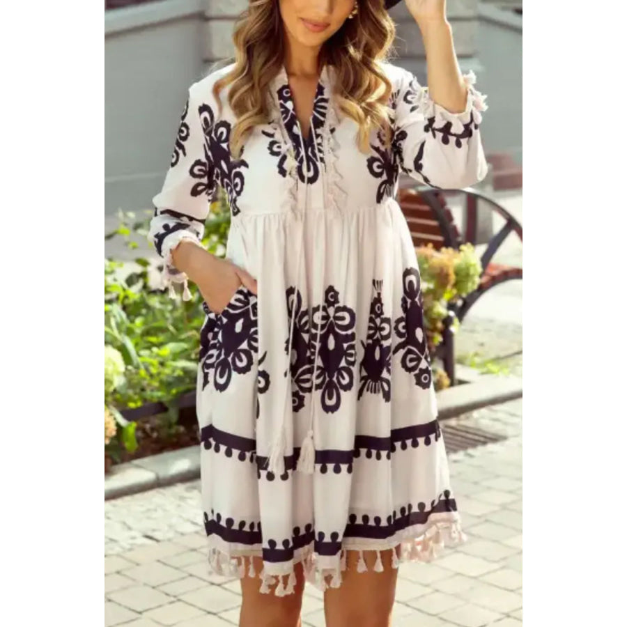 Tassel Hem 3/4 Sleeve Mini Dress Ivory / S Apparel and Accessories