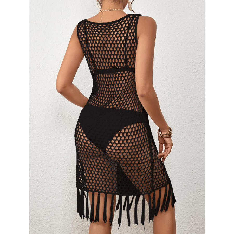 Tassel Hem Hollow Out Sleeveless Cover Up Apparel and Accessories