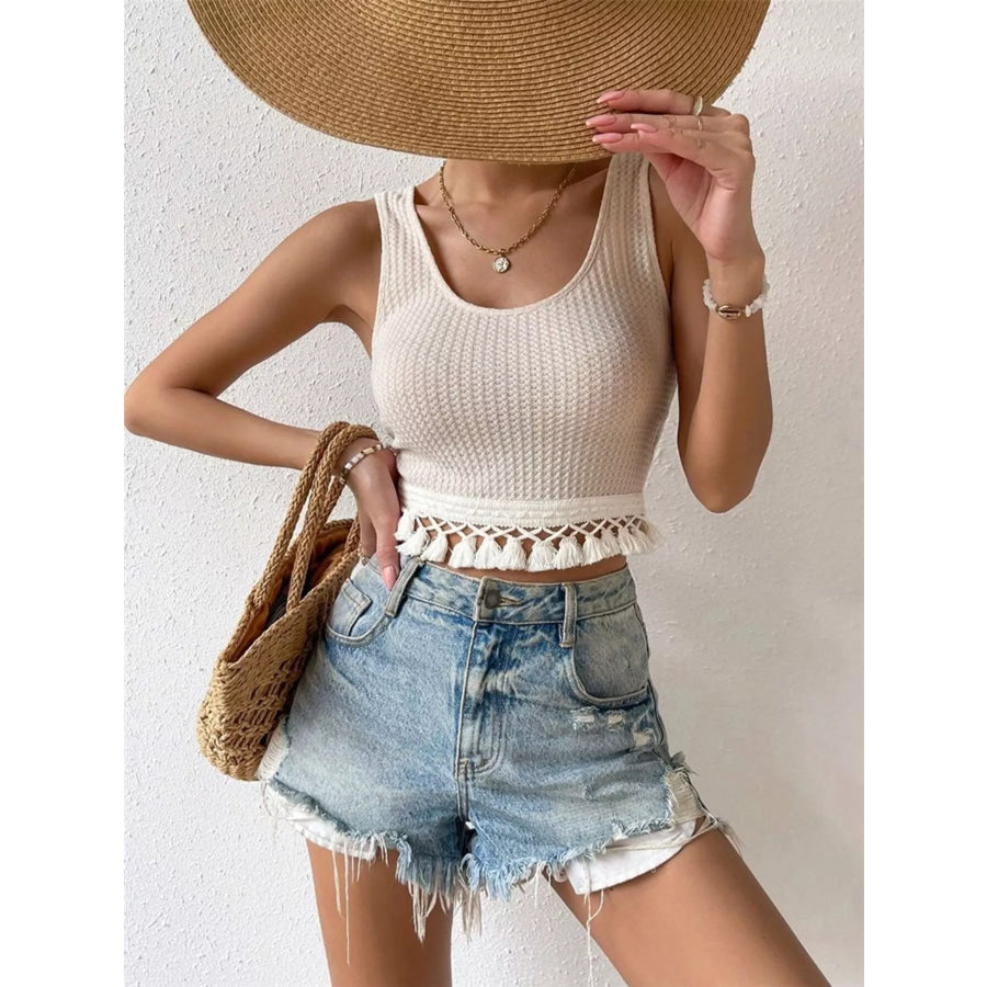 Tassel Hem Textured Tank Apricot / S Apparel and Accessories