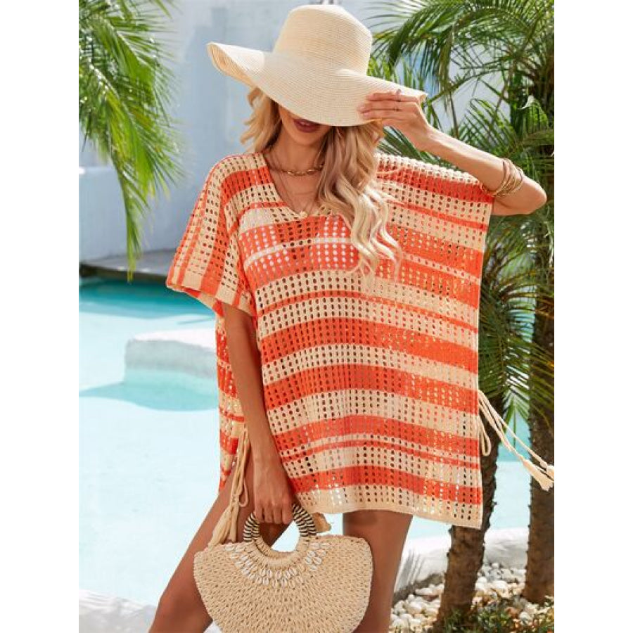 Tassel Openwork Striped V - Neck Cover Up Apparel and Accessories