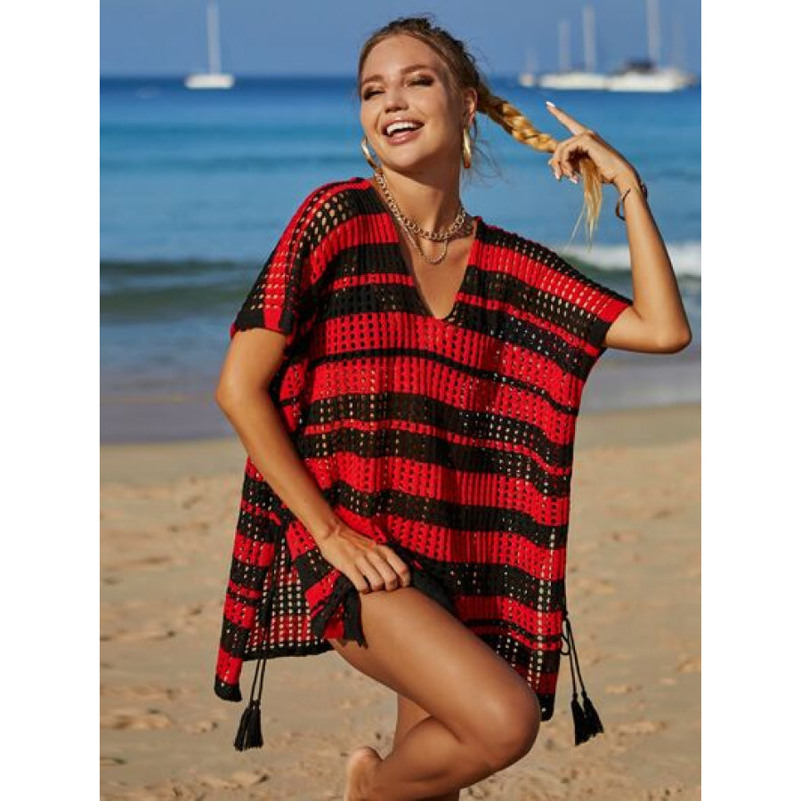 Tassel Openwork Striped V - Neck Cover Up Apparel and Accessories