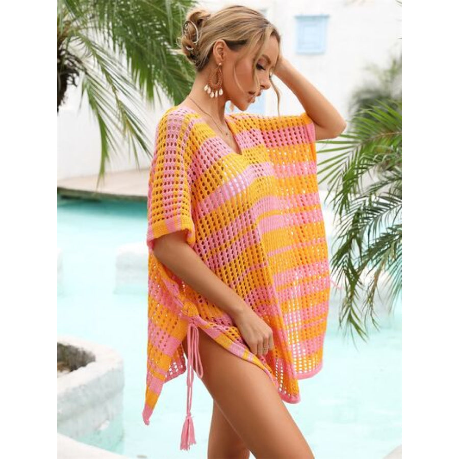 Tassel Openwork Striped V - Neck Cover Up Apparel and Accessories