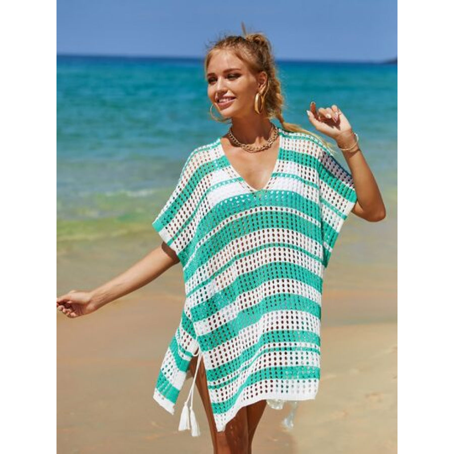 Tassel Openwork Striped V - Neck Cover Up Apparel and Accessories