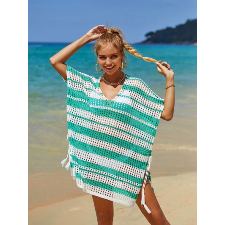 Tassel Openwork Striped V - Neck Cover Up Apparel and Accessories