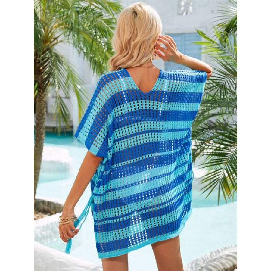 Tassel Openwork Striped V - Neck Cover Up Apparel and Accessories