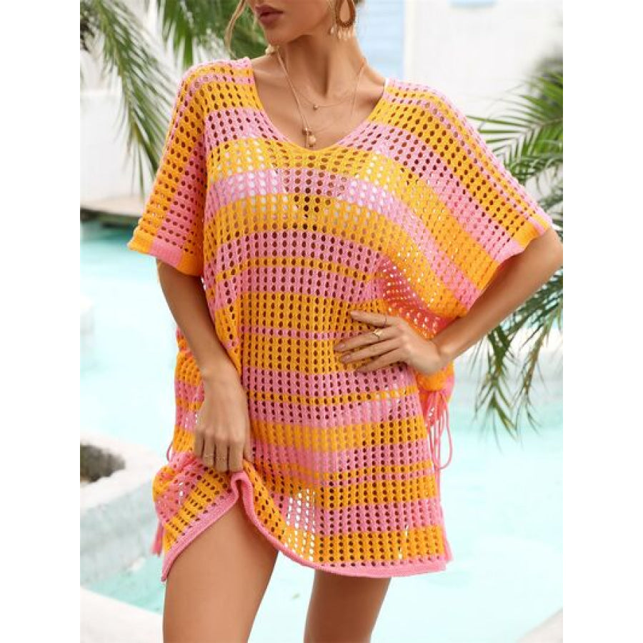 Tassel Openwork Striped V - Neck Cover Up Apparel and Accessories
