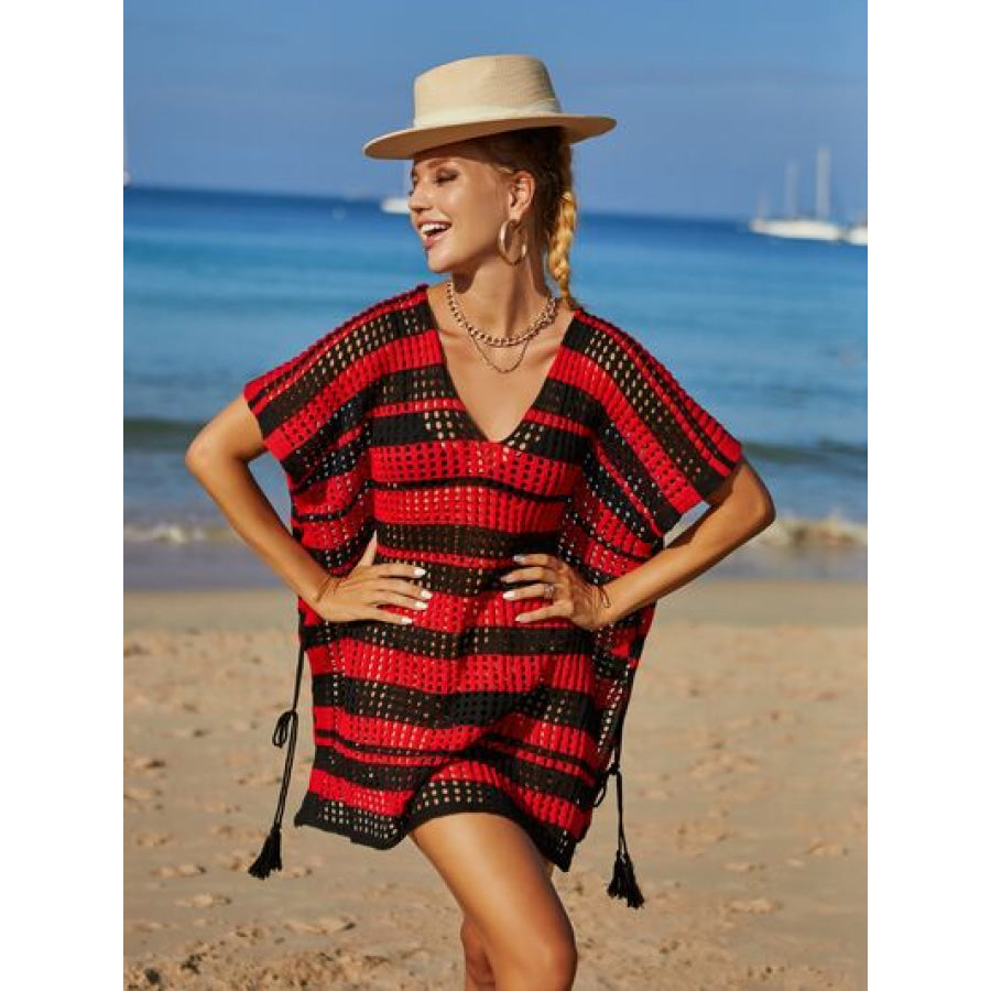 Tassel Openwork Striped V - Neck Cover Up Apparel and Accessories