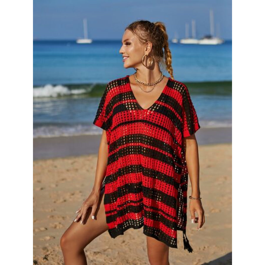 Tassel Openwork Striped V - Neck Cover Up Apparel and Accessories