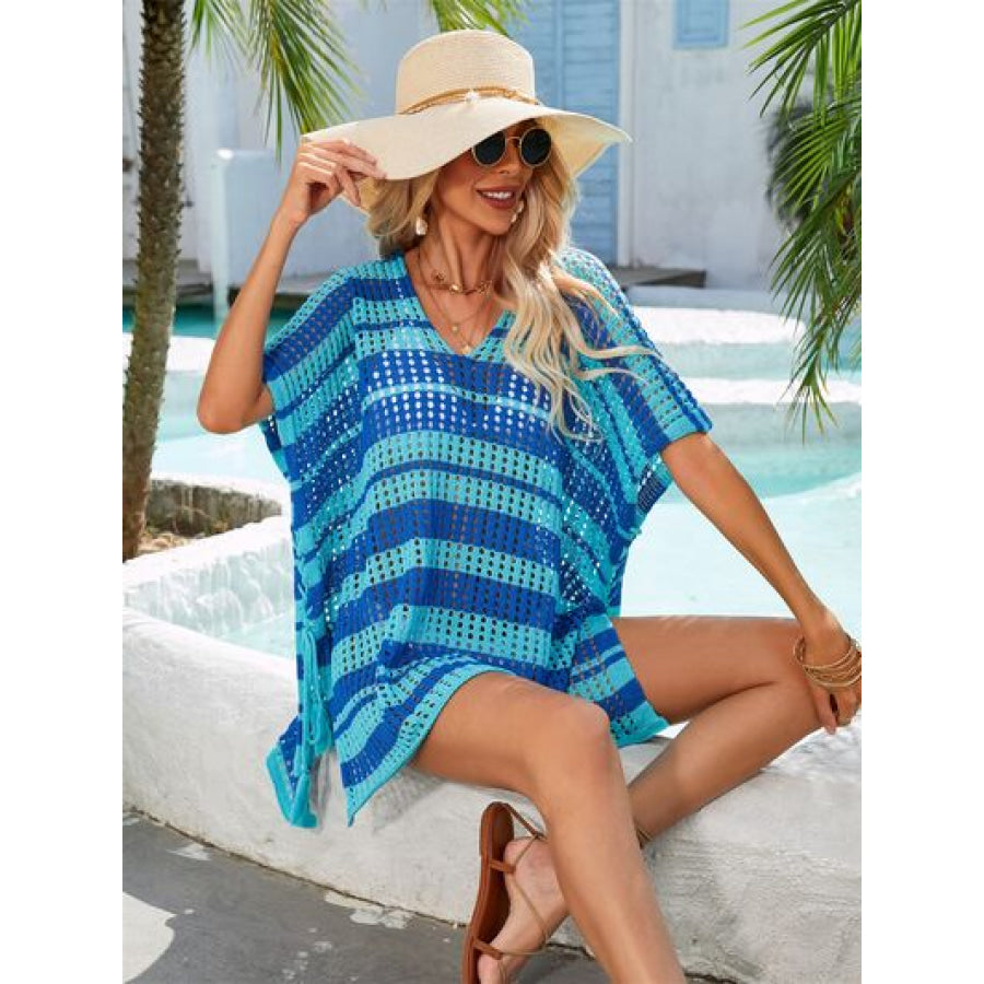 Tassel Openwork Striped V - Neck Cover Up Apparel and Accessories