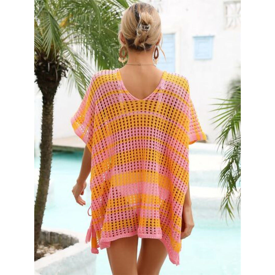 Tassel Openwork Striped V - Neck Cover Up Apparel and Accessories