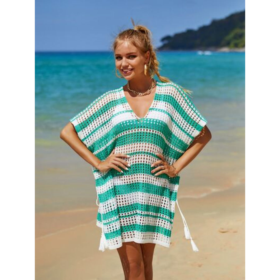 Tassel Openwork Striped V - Neck Cover Up Apparel and Accessories