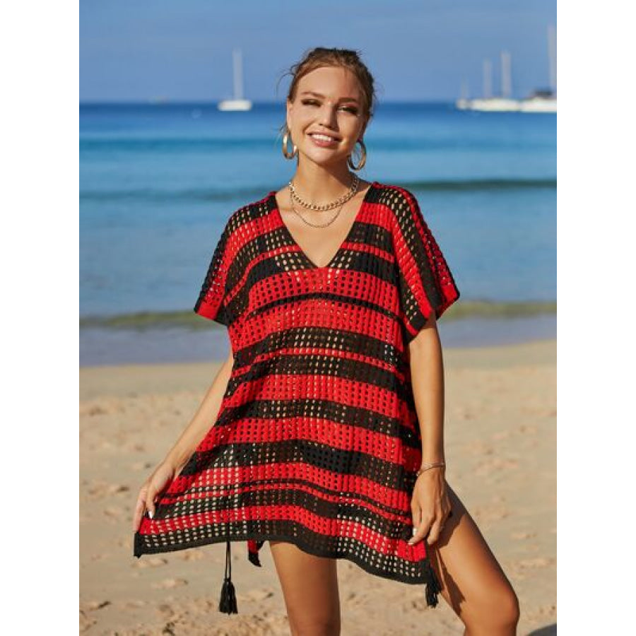 Tassel Openwork Striped V - Neck Cover Up Apparel and Accessories