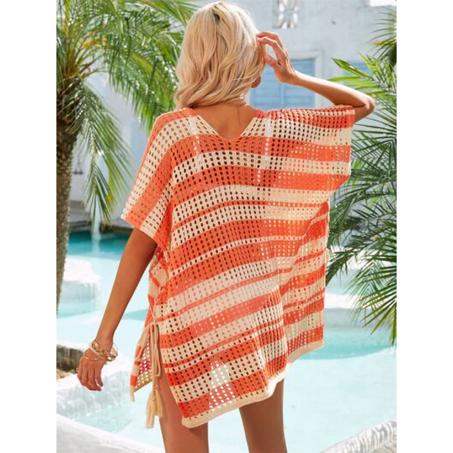 Tassel Openwork Striped V - Neck Cover Up Apparel and Accessories