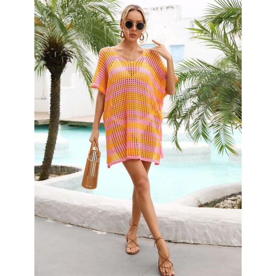 Tassel Openwork Striped V - Neck Cover Up Apparel and Accessories