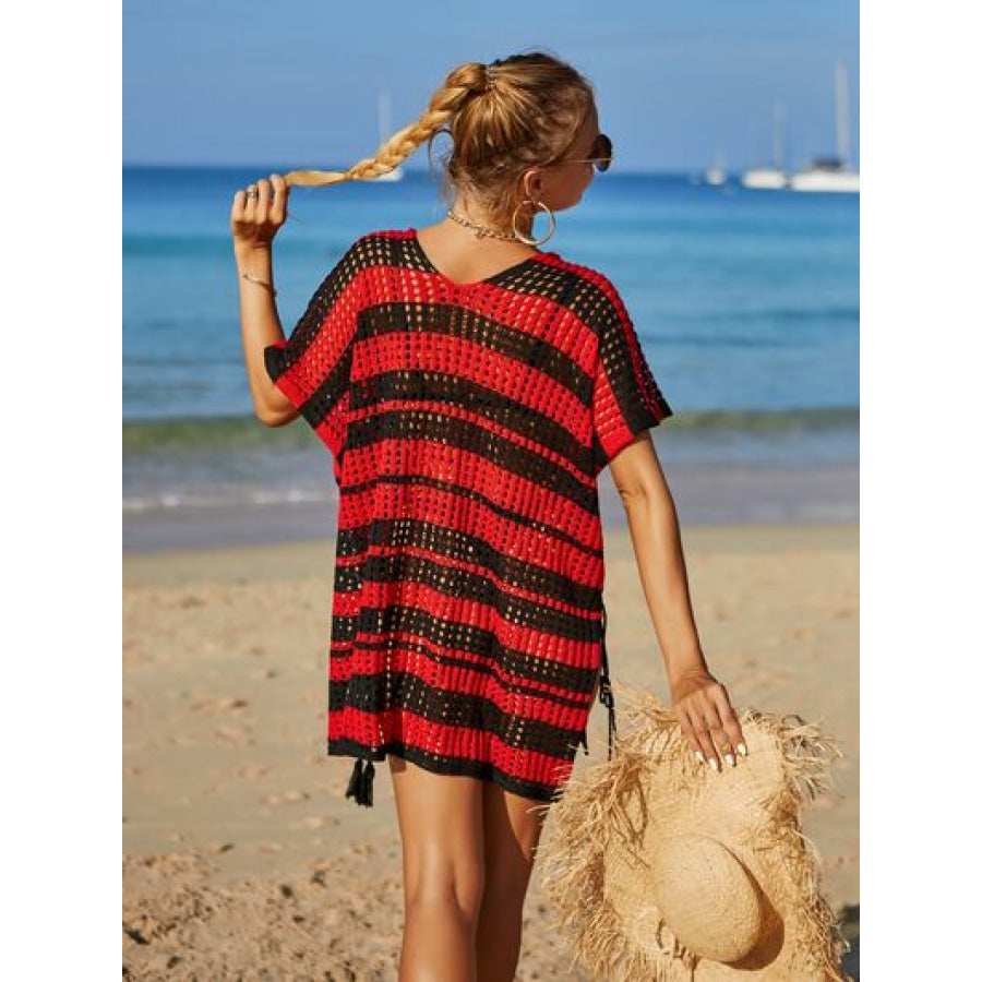 Tassel Openwork Striped V - Neck Cover Up Apparel and Accessories