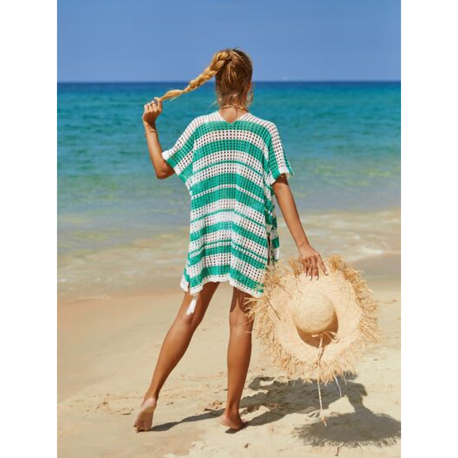 Tassel Openwork Striped V - Neck Cover Up Teal / One Size Apparel and Accessories