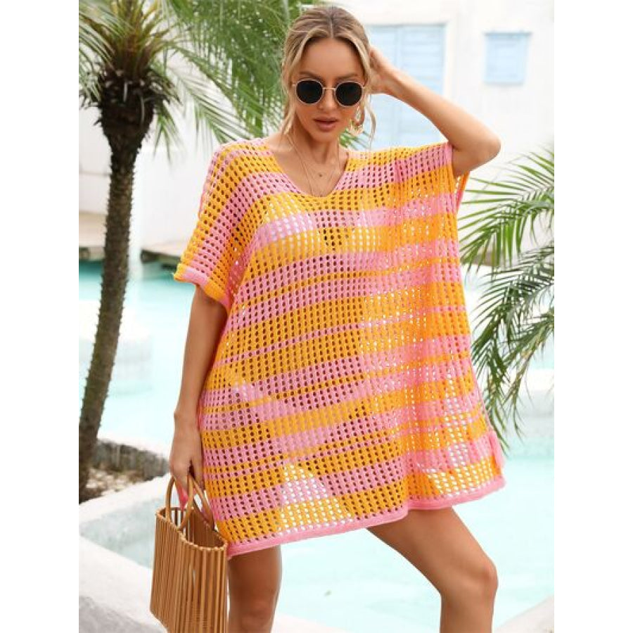 Tassel Openwork Striped V - Neck Cover Up Apparel and Accessories