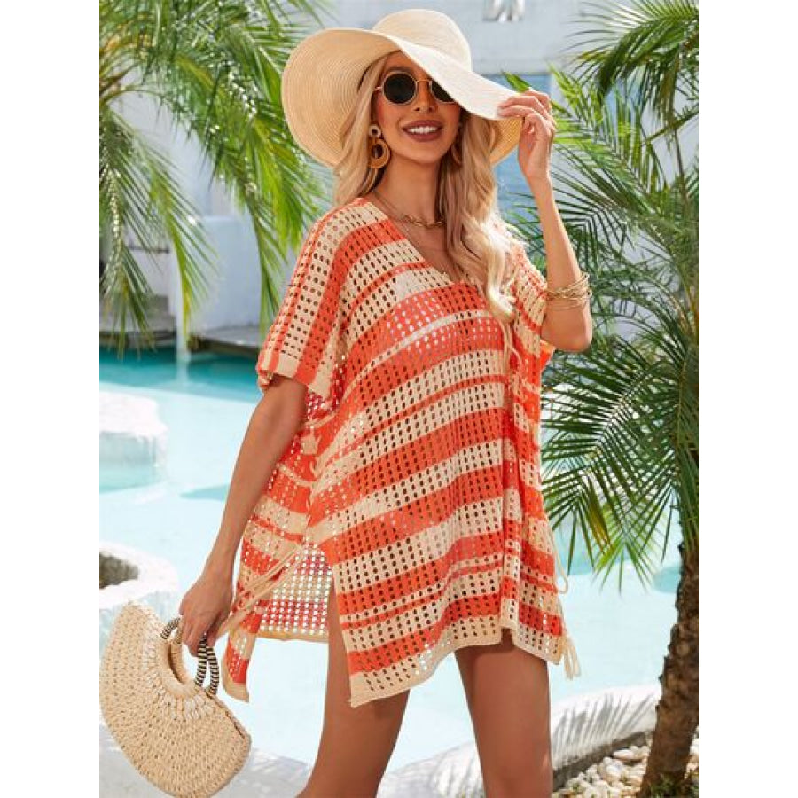 Tassel Openwork Striped V - Neck Cover Up Apparel and Accessories