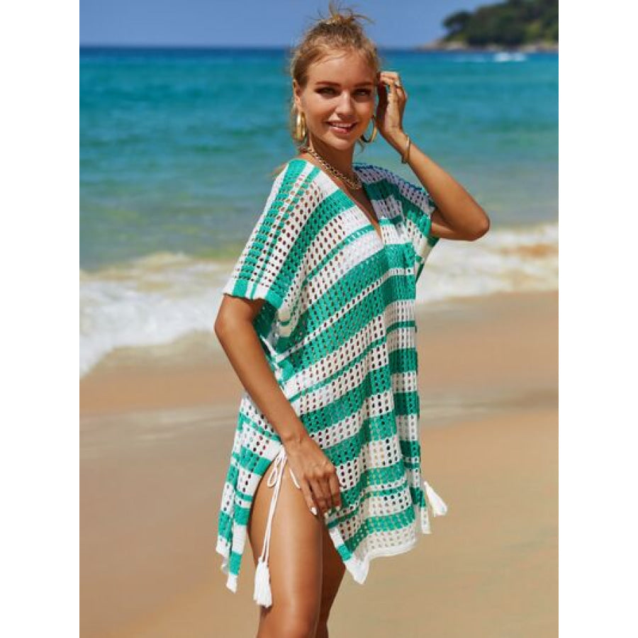 Tassel Openwork Striped V - Neck Cover Up Apparel and Accessories