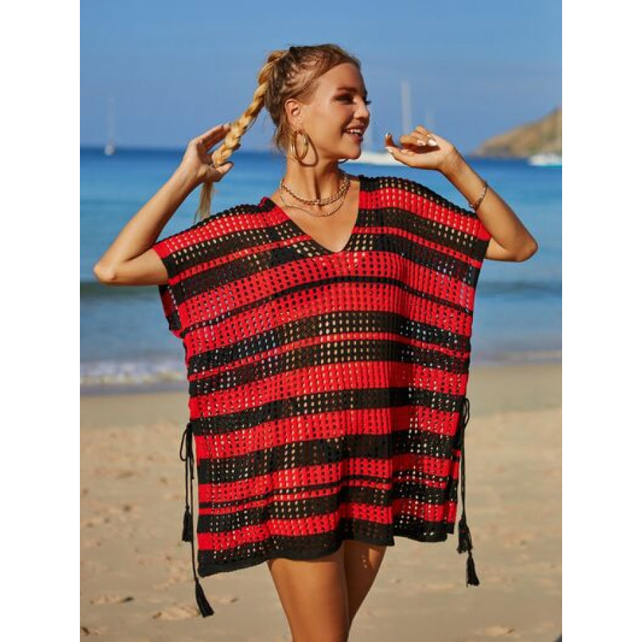 Tassel Openwork Striped V - Neck Cover Up Black / One Size Apparel and Accessories