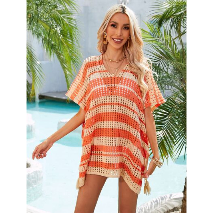 Tassel Openwork Striped V - Neck Cover Up Red Orange / One Size Apparel and Accessories
