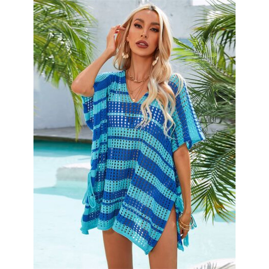 Tassel Openwork Striped V - Neck Cover Up Royal Blue / One Size Apparel and Accessories