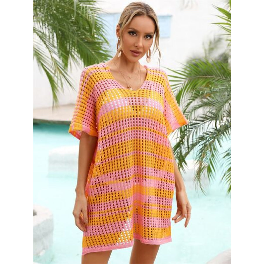 Tassel Openwork Striped V - Neck Cover Up Tangerine / One Size Apparel and Accessories