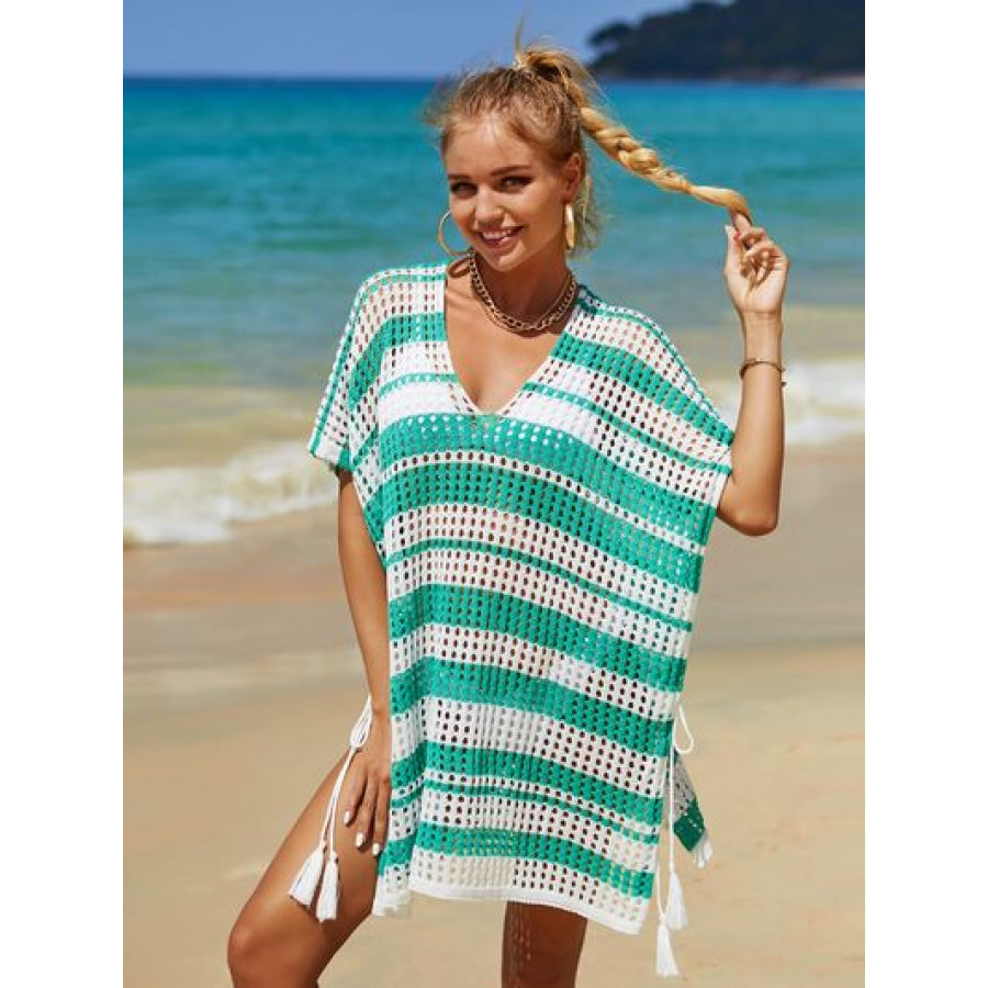 Tassel Openwork Striped V - Neck Cover Up Teal / One Size Apparel and Accessories