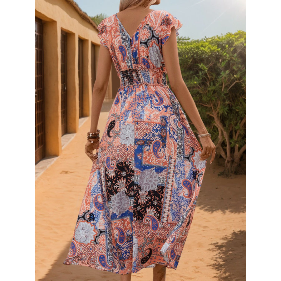 Tassel Printed Cap Sleeve Midi Dress Multicolor / S Apparel and Accessories