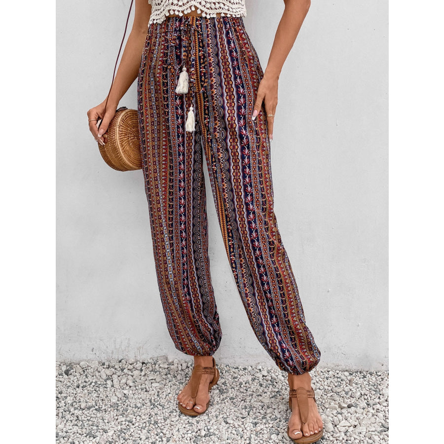 Tassel Printed High Waist Pants Brown / S Apparel and Accessories