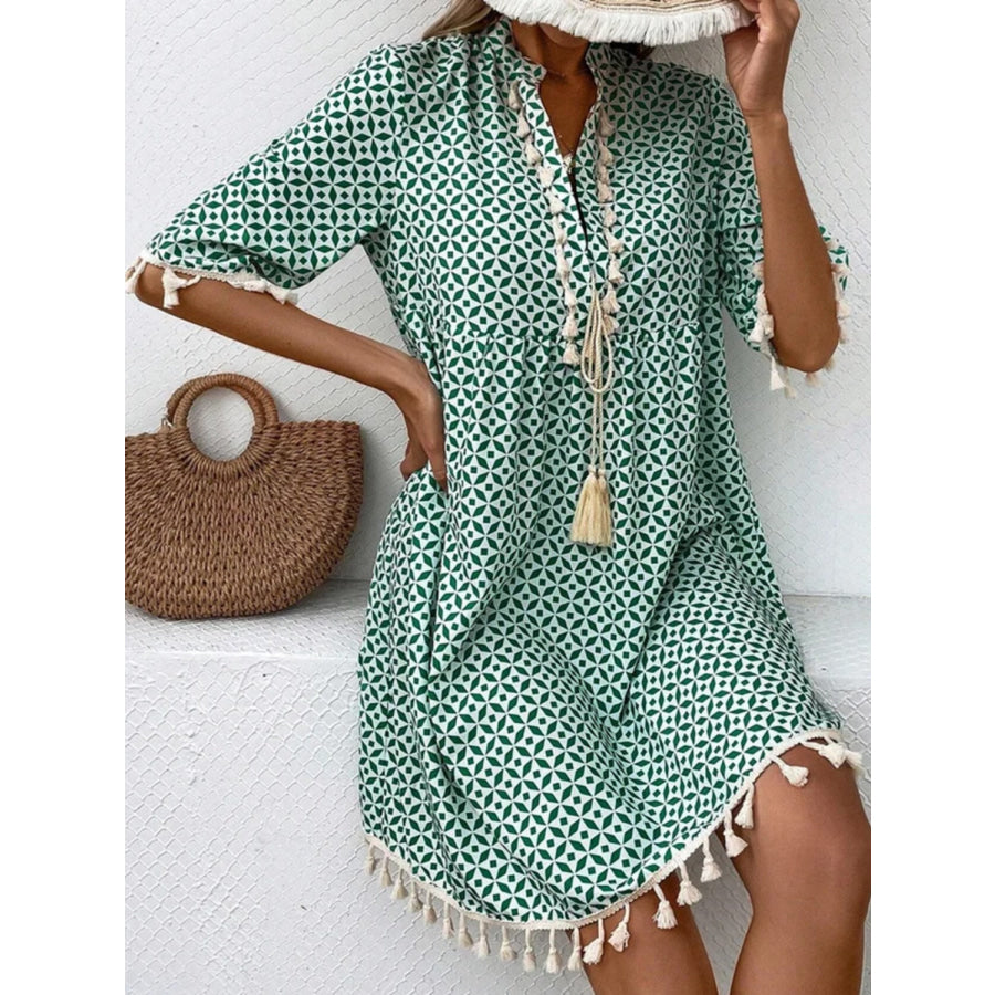 Tassel Printed Notched Half Sleeve Mini Dress Apparel and Accessories