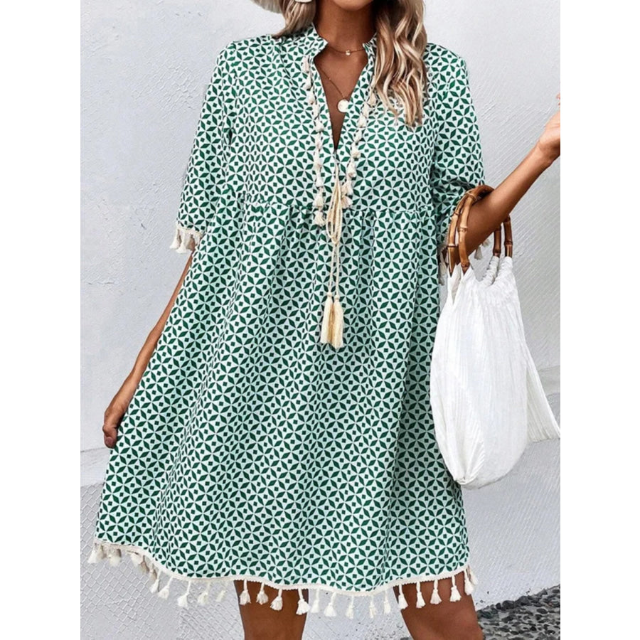 Tassel Printed Notched Half Sleeve Mini Dress Apparel and Accessories