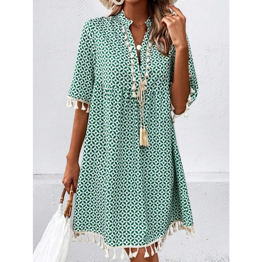 Tassel Printed Notched Half Sleeve Mini Dress Teal / S Apparel and Accessories