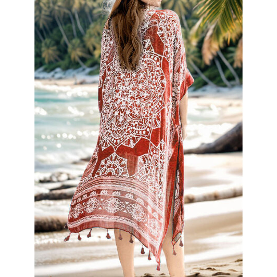 Tassel Printed Open Front Cardigan Apparel and Accessories