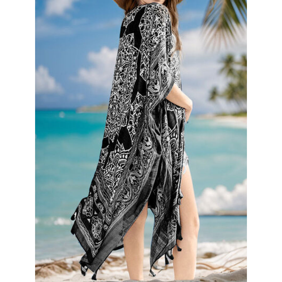 Tassel Printed Open Front Cardigan Apparel and Accessories