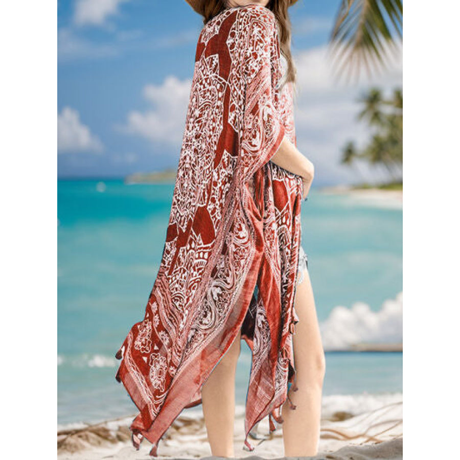 Tassel Printed Open Front Cardigan Apparel and Accessories