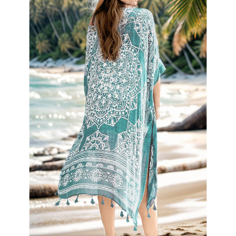 Tassel Printed Open Front Cardigan Apparel and Accessories