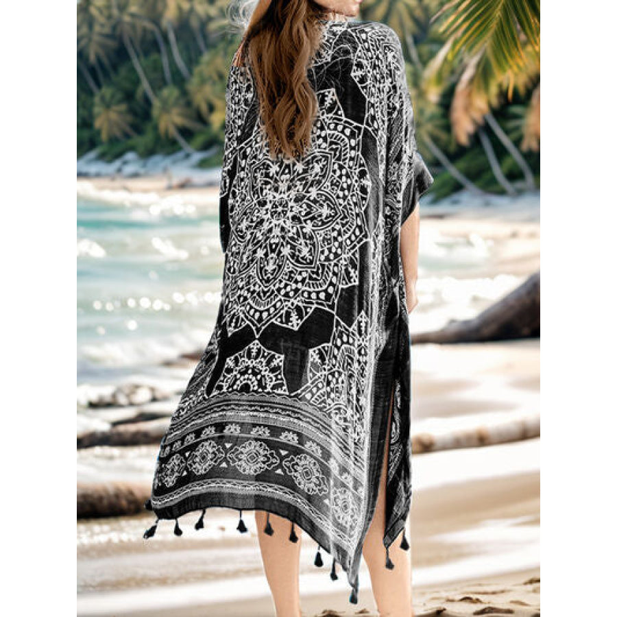 Tassel Printed Open Front Cardigan Apparel and Accessories