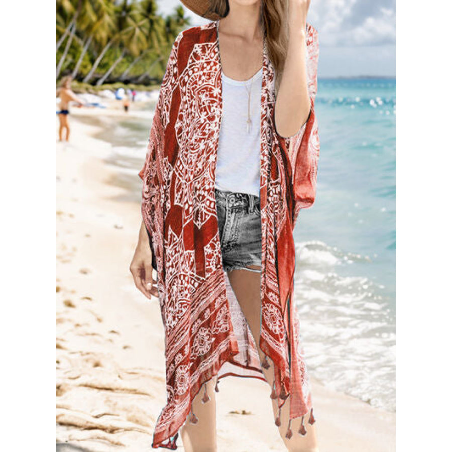 Tassel Printed Open Front Cardigan Brick Red / One Size Apparel and Accessories