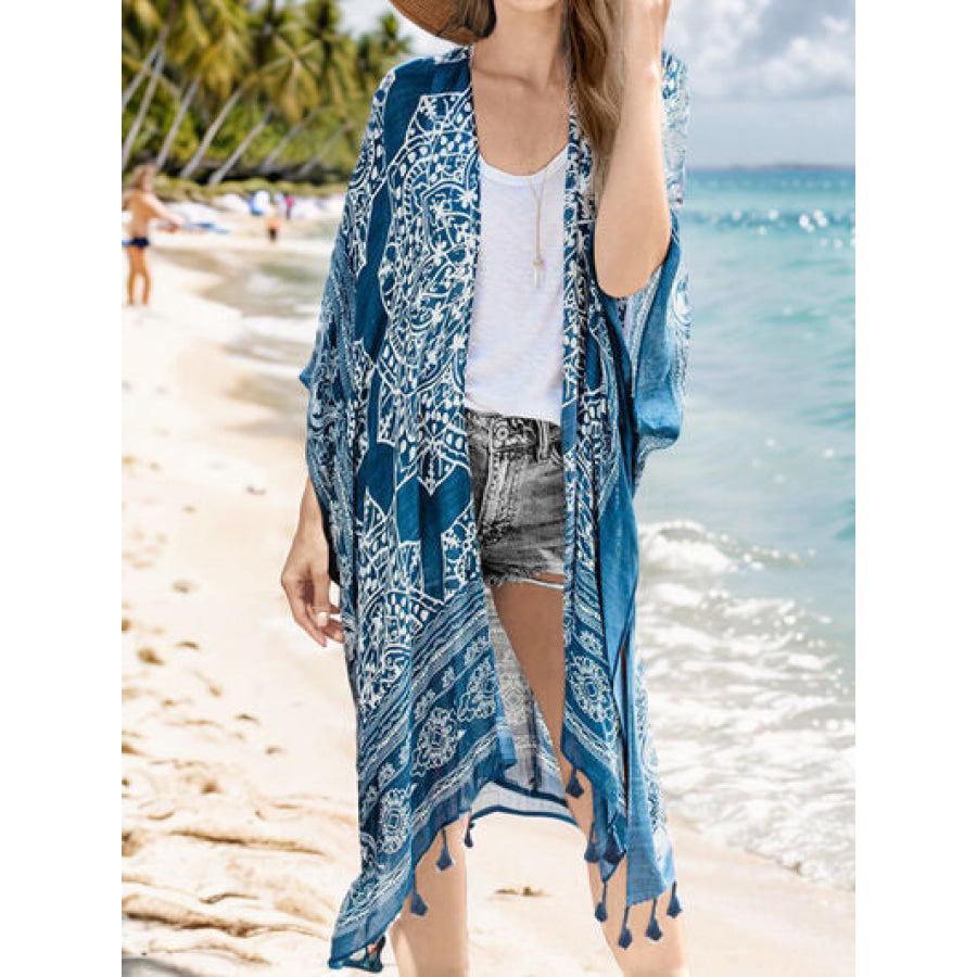 Tassel Printed Open Front Cardigan Sky Blue / One Size Apparel and Accessories