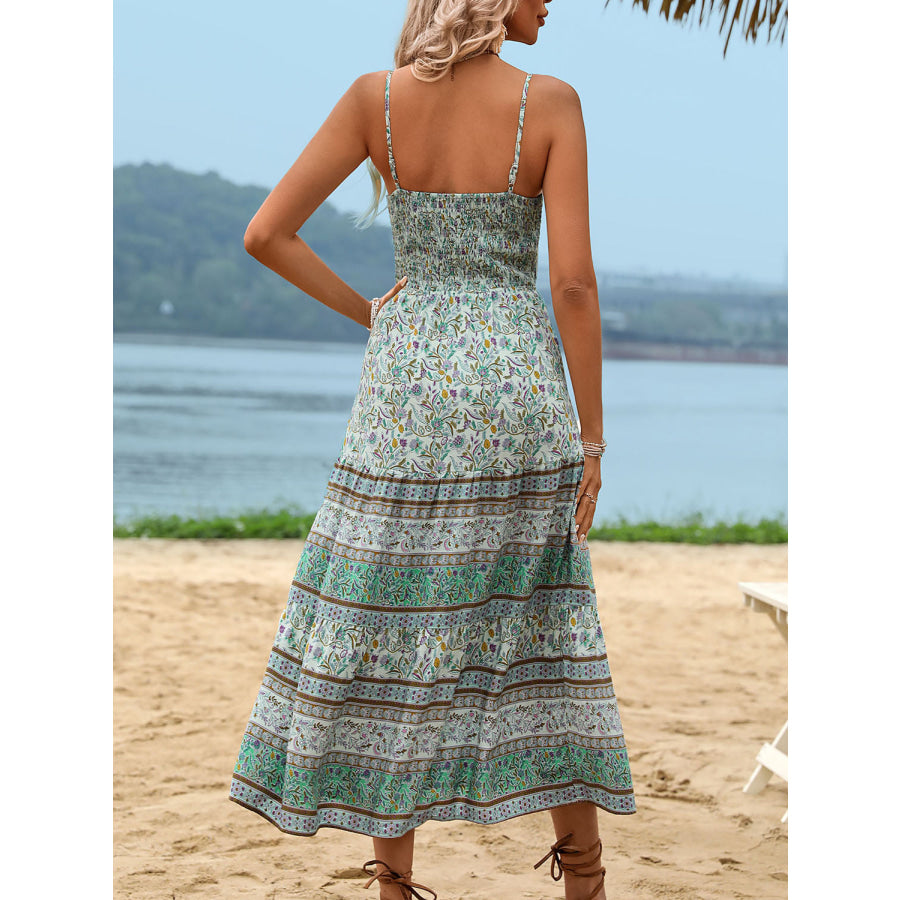 Tassel Printed Spaghetti Strap Dress Green / S Apparel and Accessories