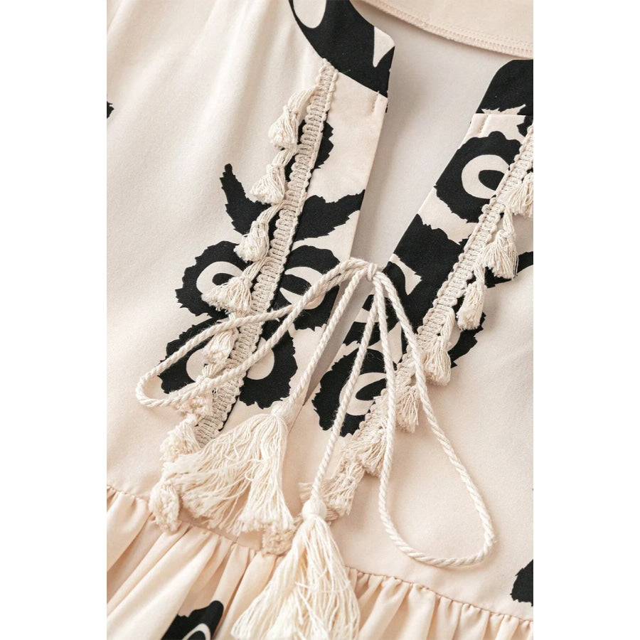 Tassel Printed Three-Quarter Sleeve Mini Dress Apparel and Accessories