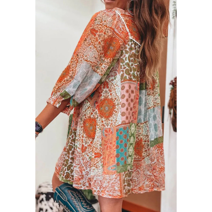 Tassel Printed Three-Quarter Sleeve Mini Dress Apparel and Accessories