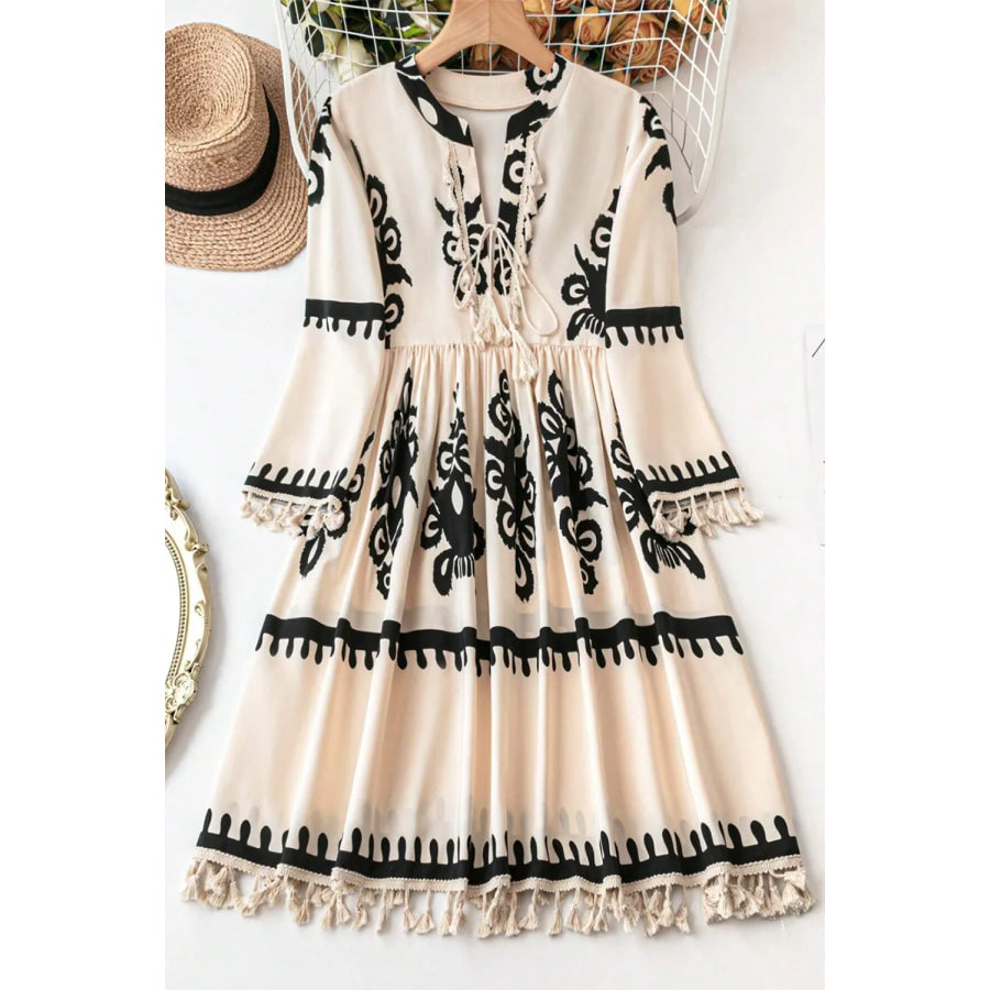 Tassel Printed Three-Quarter Sleeve Mini Dress Apparel and Accessories