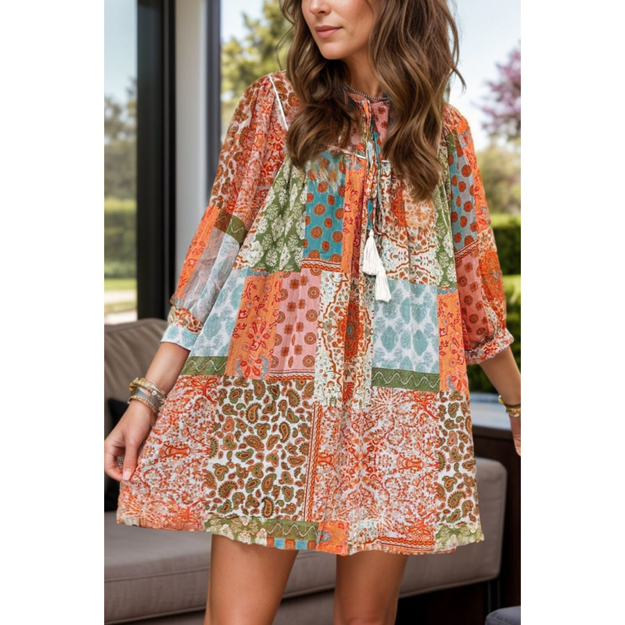 Tassel Printed Three-Quarter Sleeve Mini Dress Orange / S Apparel and Accessories