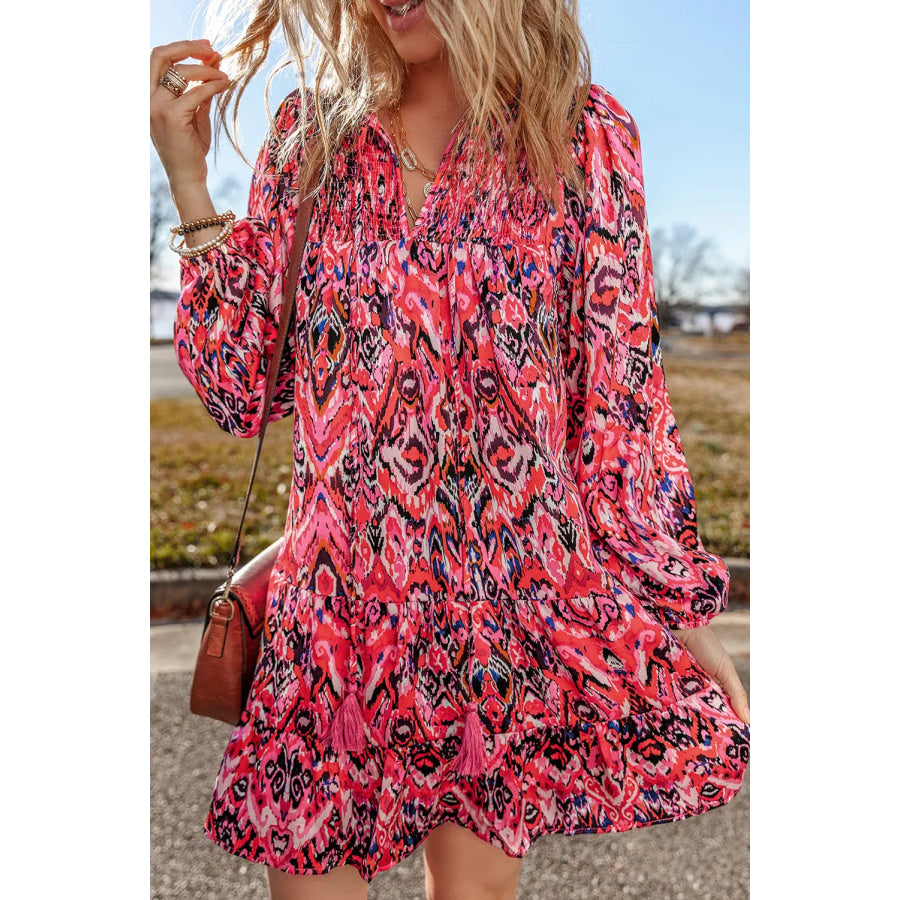 Tassel Printed Tie Neck Long Sleeve Dress Apparel and Accessories