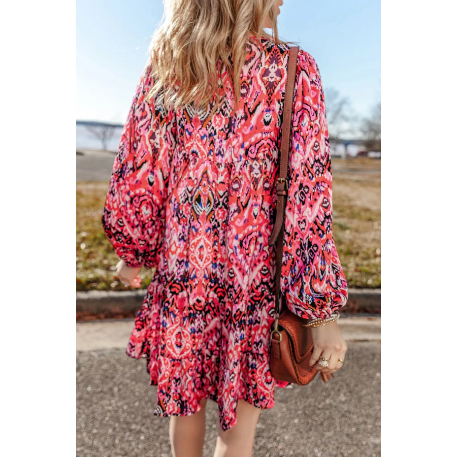 Tassel Printed Tie Neck Long Sleeve Dress Apparel and Accessories