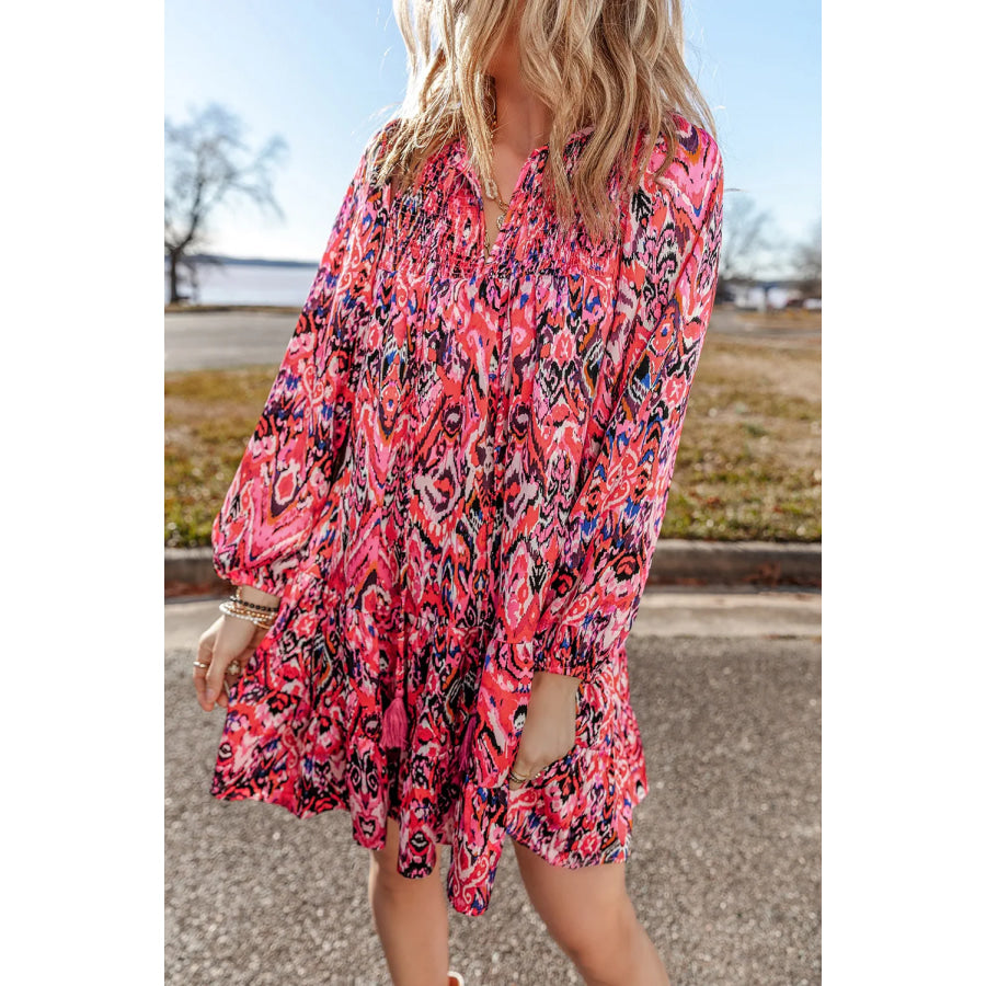 Tassel Printed Tie Neck Long Sleeve Dress Apparel and Accessories