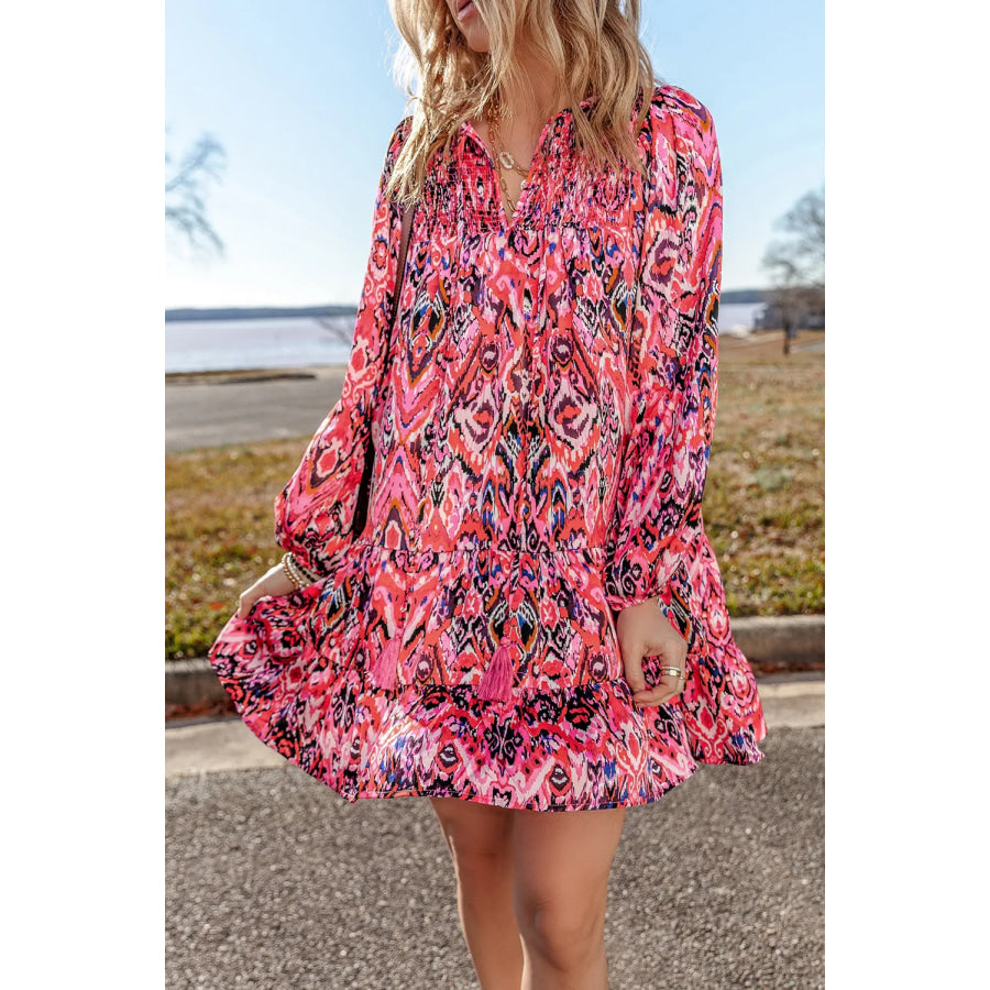 Tassel Printed Tie Neck Long Sleeve Dress Apparel and Accessories